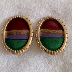 Vintage MOGHUL 80’S Poured Foil Glass GoldTone Clip Earrings